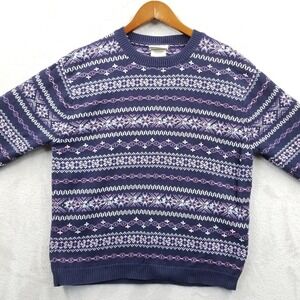 Northern Reflections Sweater Women M Blue Purple Fair Isle Embroidered Crew Flaw